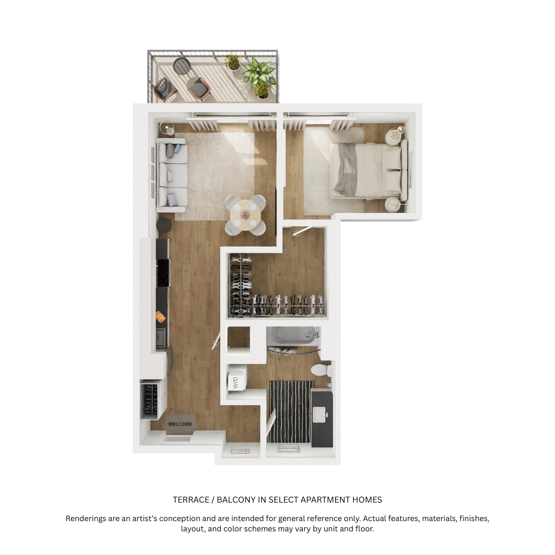 Floor plan for 1 bed, 1 bath, 539 sqft